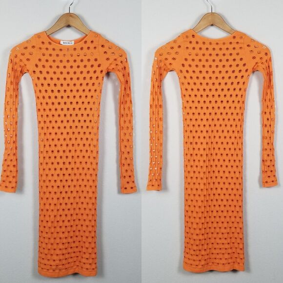 Maisie Wilen Orange Laser-Cut Perforated Orange Midi Bodycon Dress One Size - Picture 7 of 14